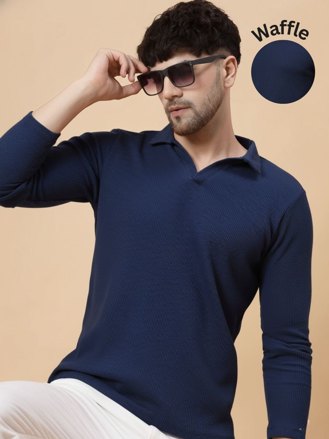 Image of RIGO Self Design Men Polo Neck Navy Blue T-Shirt