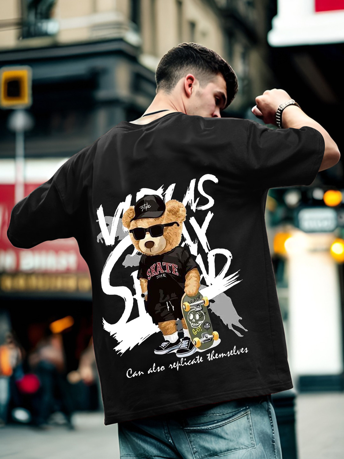 Image of Heartees Cartoon Men Round Neck Black T-Shirt