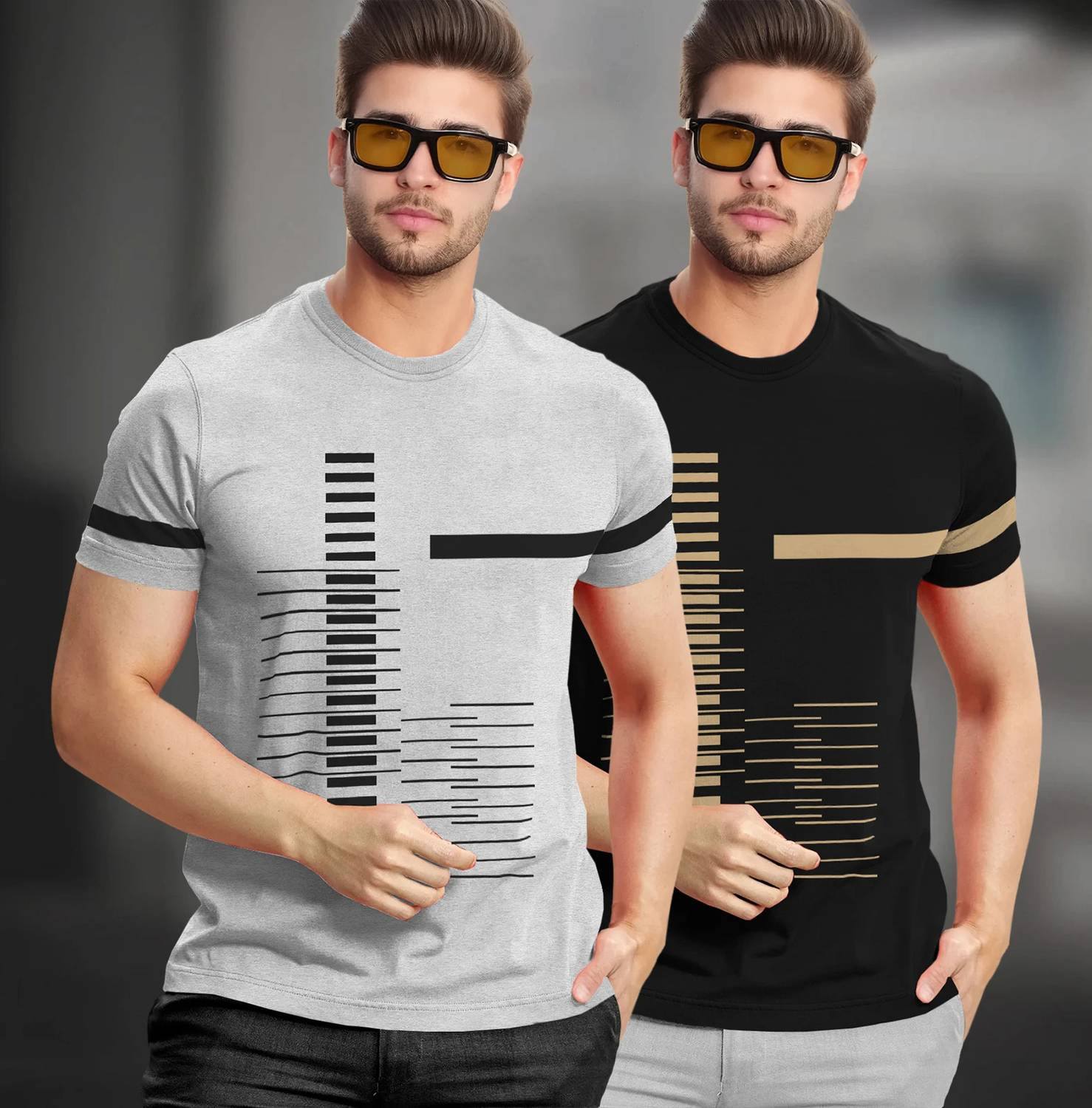 TRIPR Pack of 2 Men Printed Round Neck Cotton Blend Grey, Black T