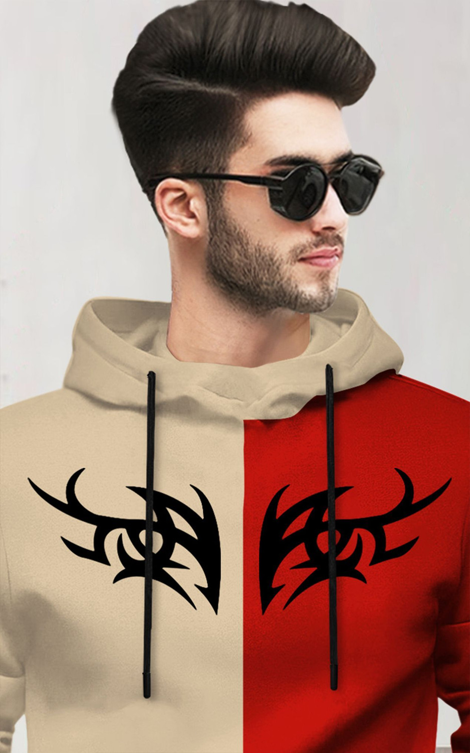 Image of BLIVE Printed Men Hooded Neck Beige, Red T-Shirt