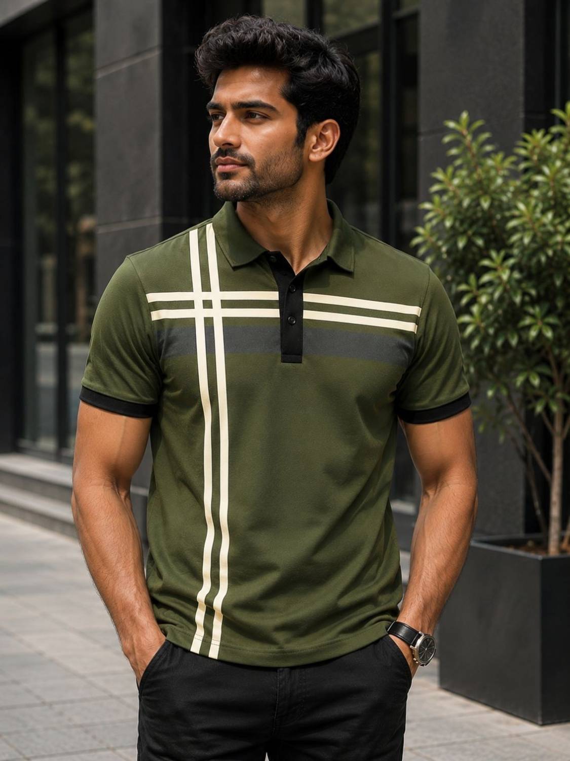 AKWINGS Striped Men Polo Neck Green T-Shirt