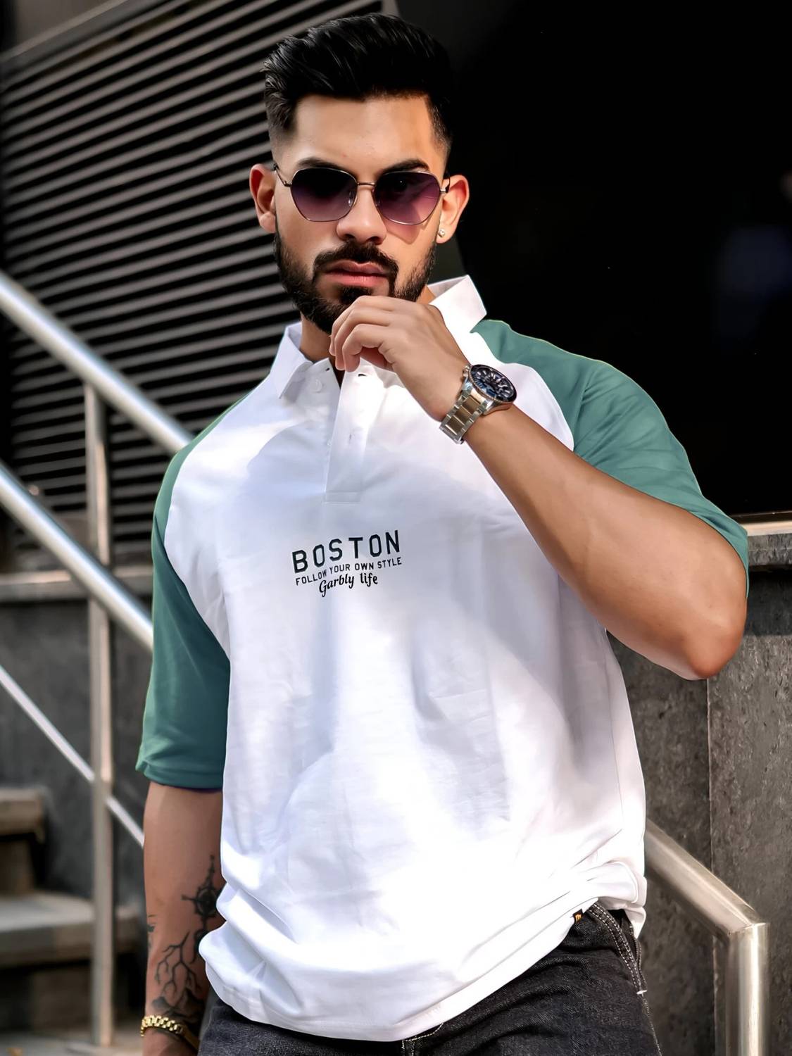 GARBLY Typography Men Polo Neck Multicolor T-Shirt