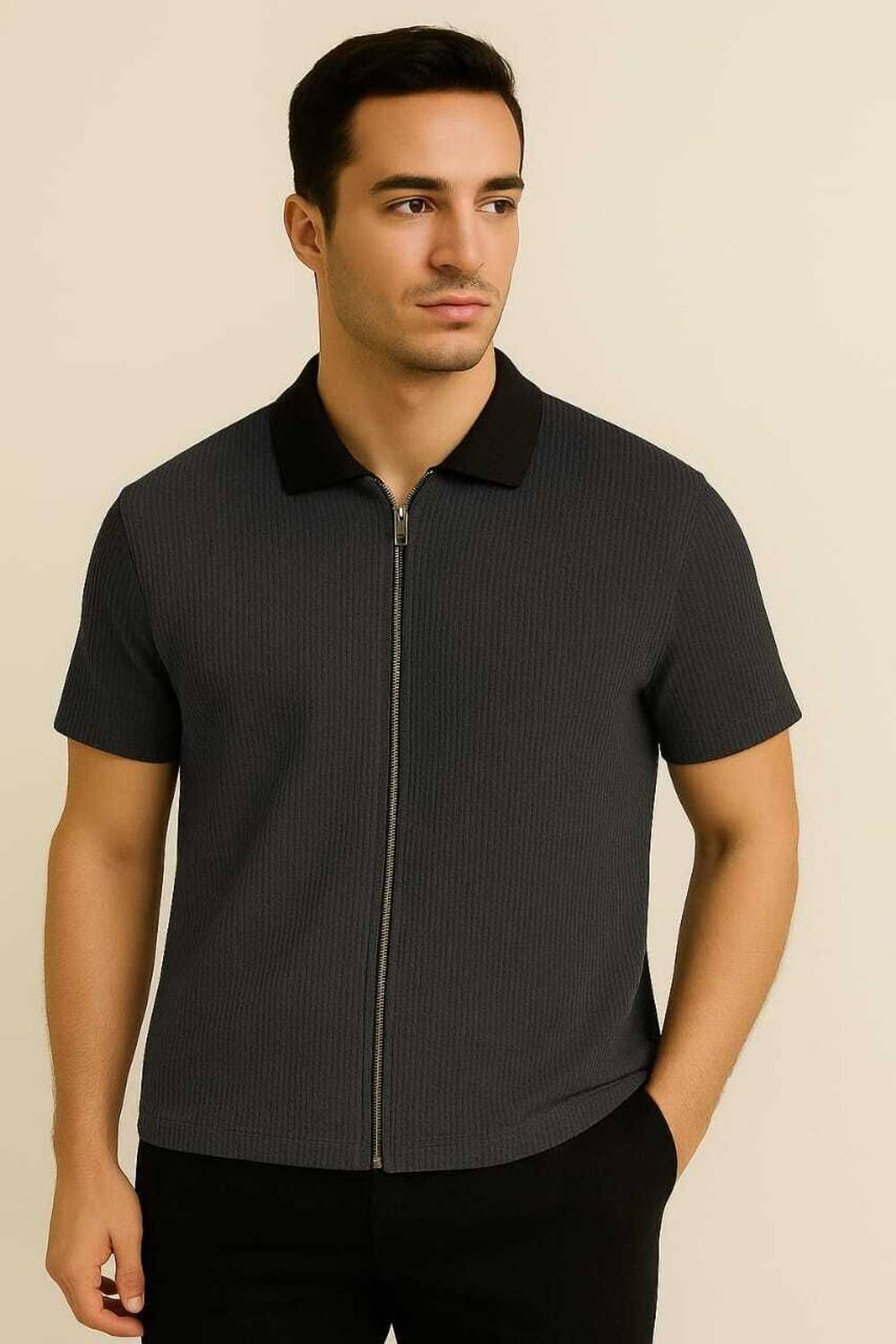 Starvy Self Design Men Zip Neck Grey T-Shirt