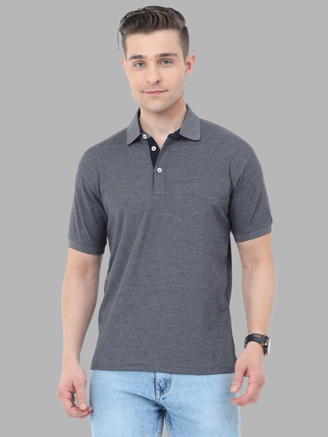 Image of VROJASS Solid Men Polo Neck Grey T-Shirt