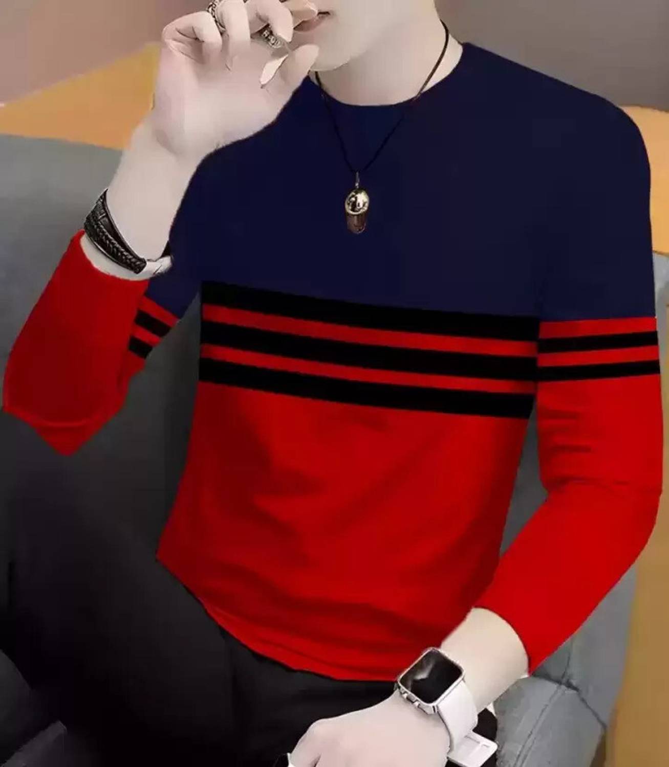 KASPY Men Striped Round Neck Polyester Navy Blue, Red T-Shirt