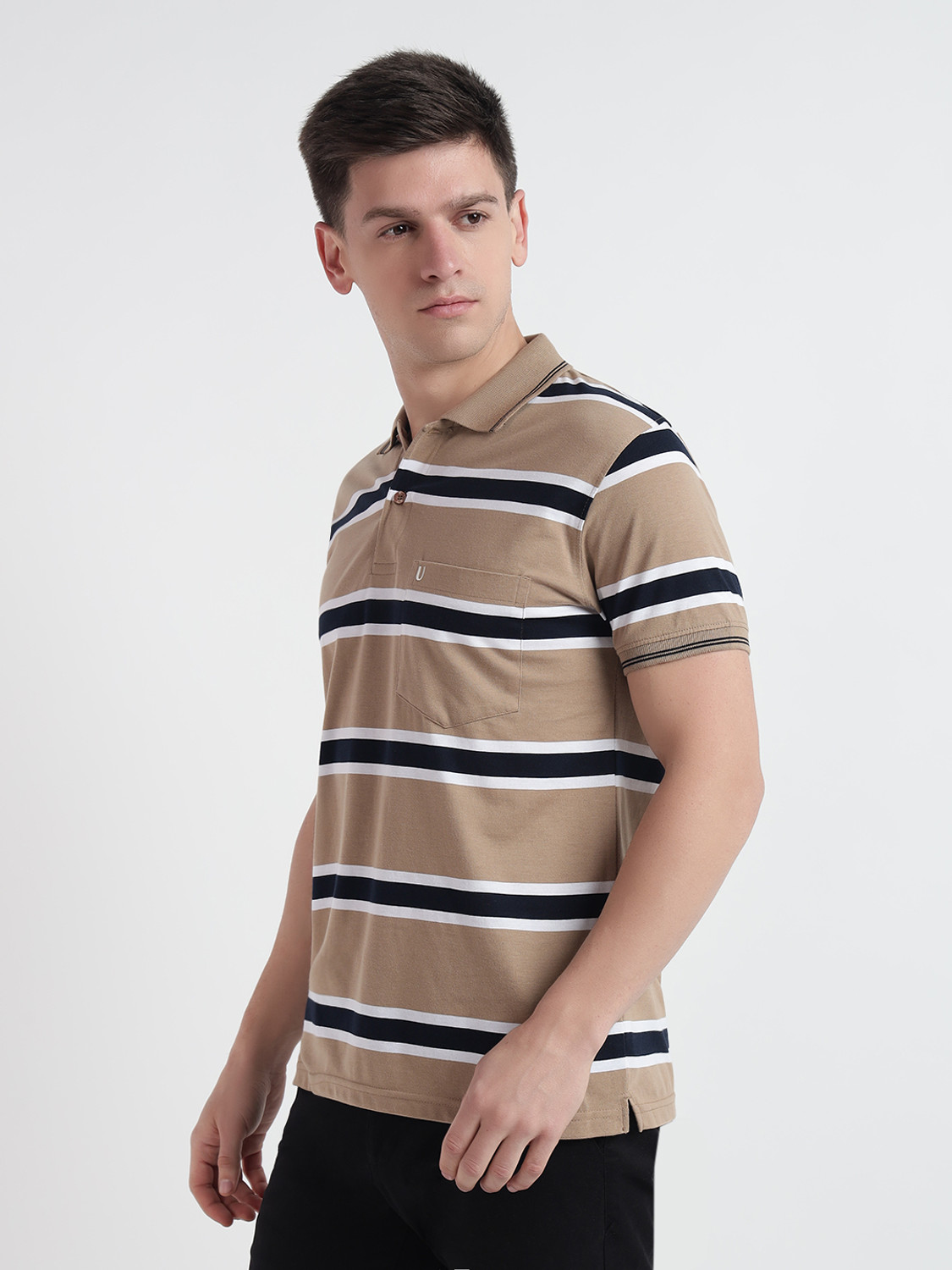 Image of UNIBERRY Striped Men Polo Neck Beige T-Shirt