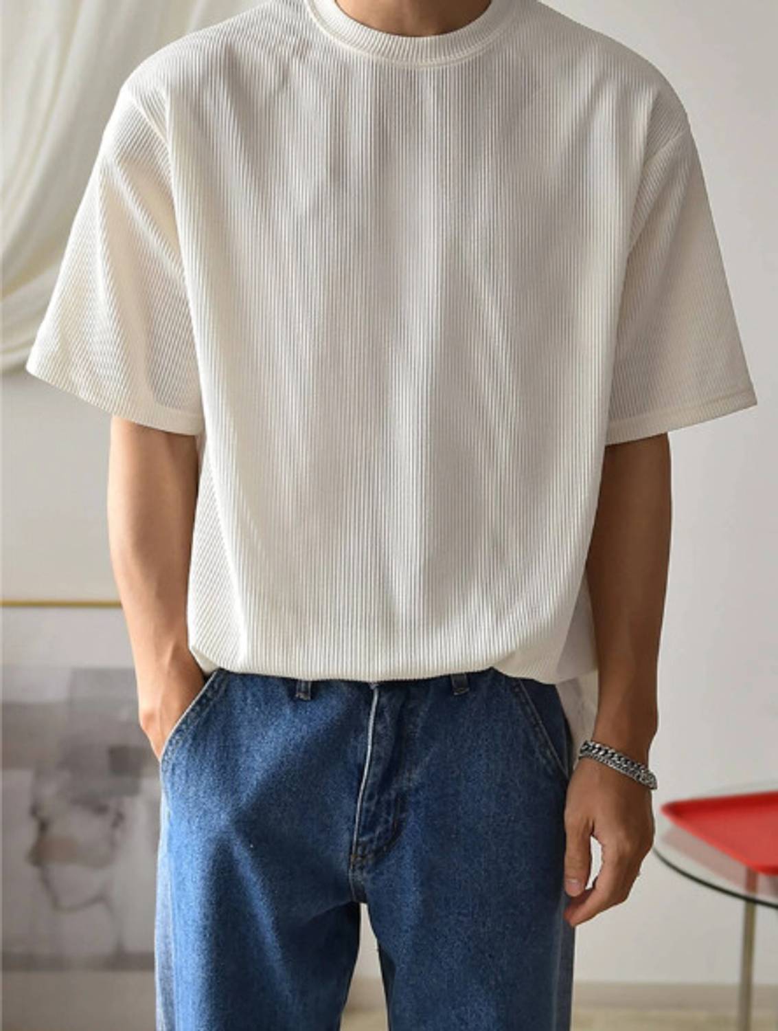 RUNNING MACHINE Men's Striped White Round Neck T-Shirt - Image 3