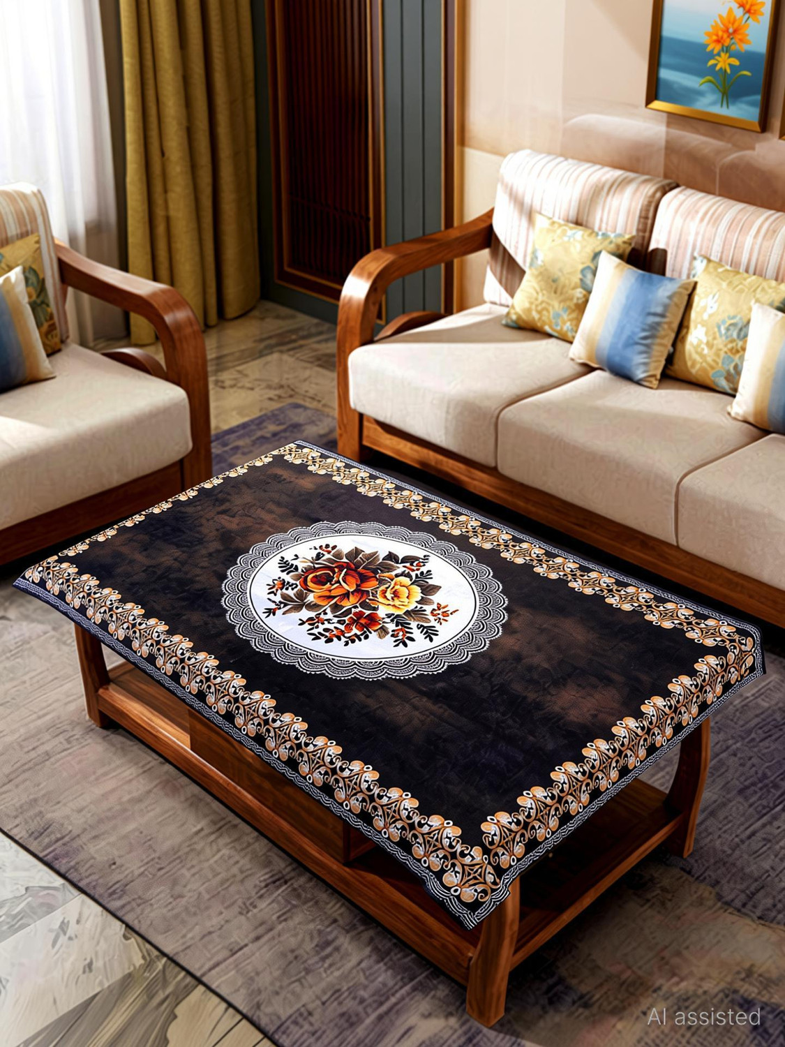 Image of Fairy Tail Velvet 4 Seater Floral Table Cover (Tea Table Cover Designed velvet printed Brown)