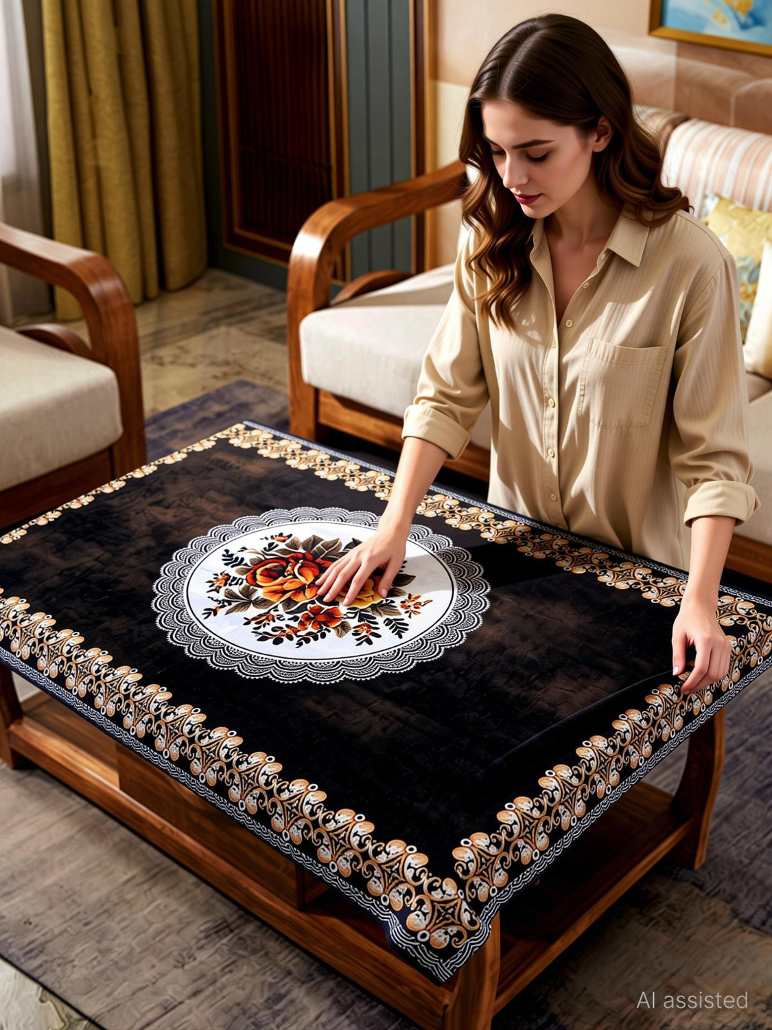 Image of Fairy Tail Velvet 4 Seater Floral Table Cover (Tea Table Cover Designed velvet printed Brown)