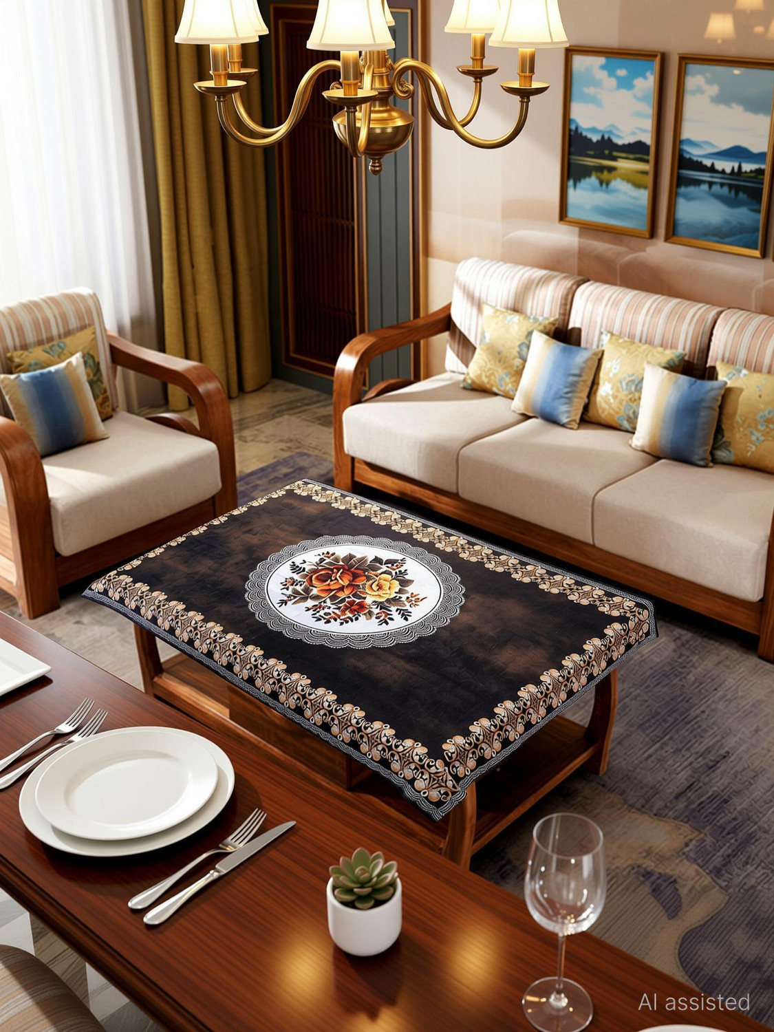Image of Fairy Tail Velvet 4 Seater Floral Table Cover (Tea Table Cover Designed velvet printed Brown)