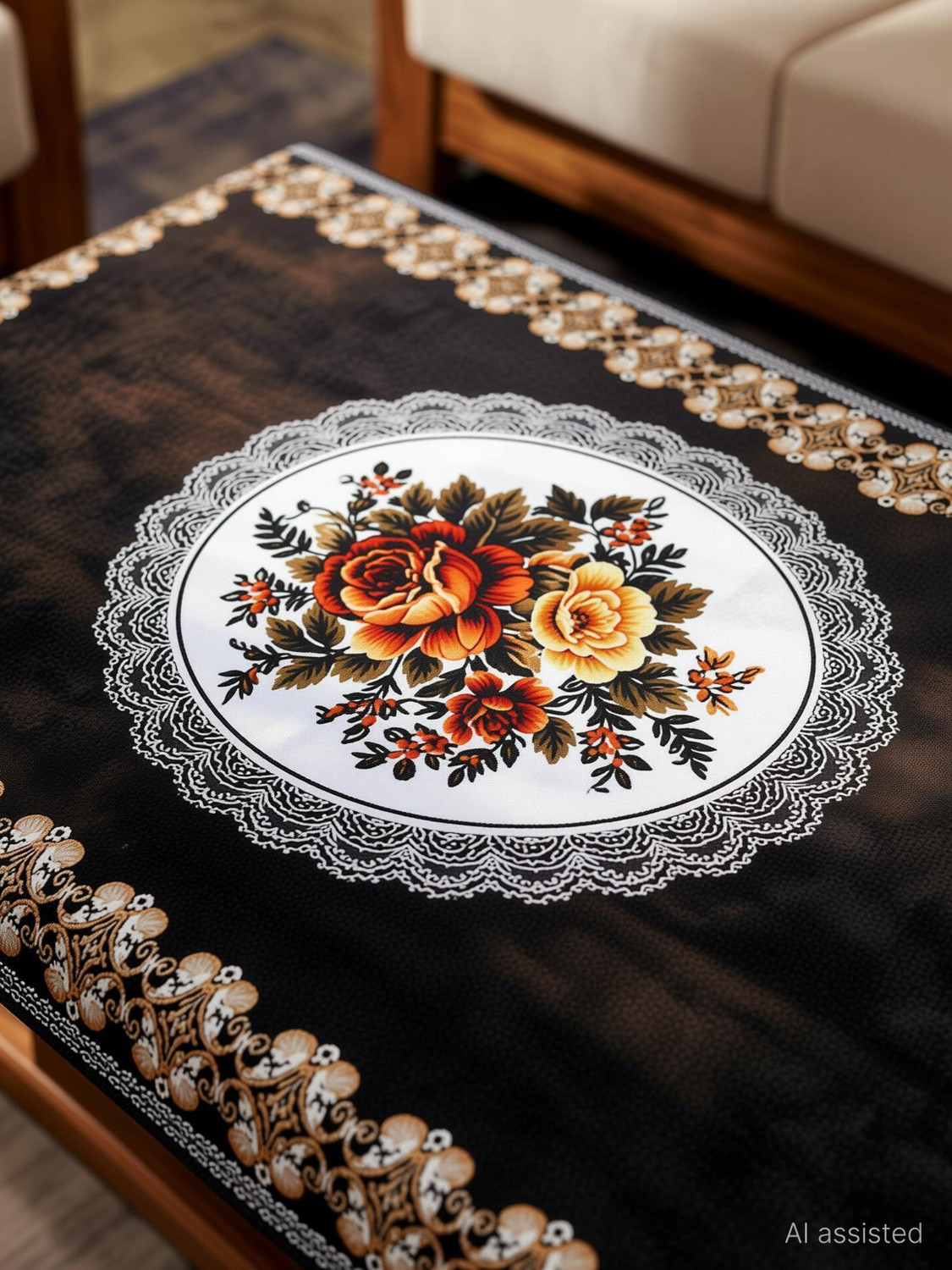 Image of Fairy Tail Velvet 4 Seater Floral Table Cover (Tea Table Cover Designed velvet printed Brown)