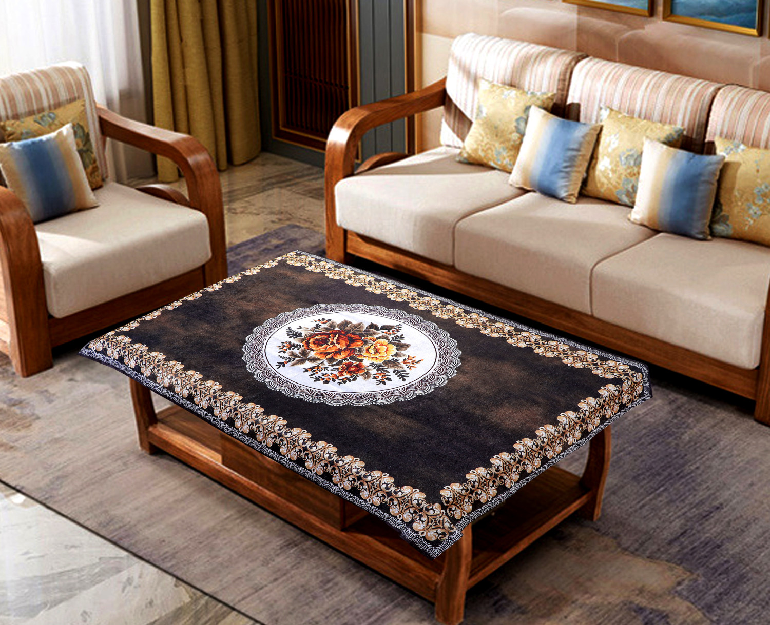Image of Fairy Tail Velvet 4 Seater Floral Table Cover (Tea Table Cover Designed velvet printed Brown)