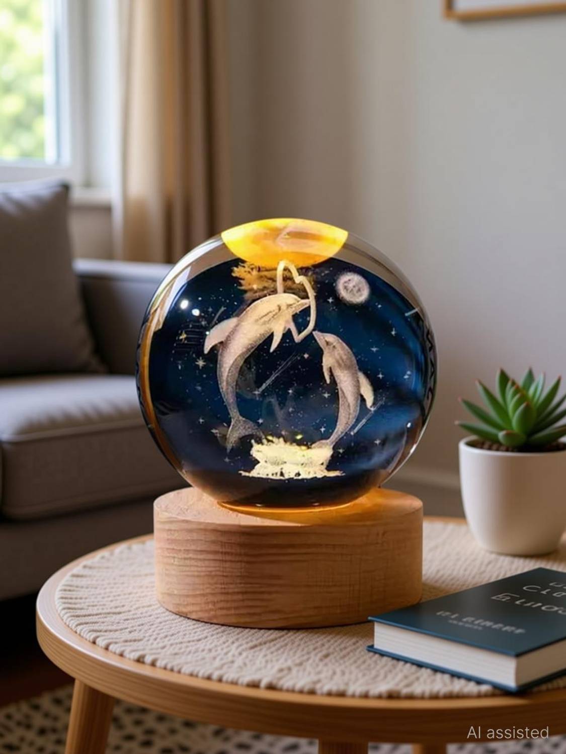 carempire 3D Inner Carved Lighting Crystal Ball, Decorative Crystal Ball with LED Base Table Lamp