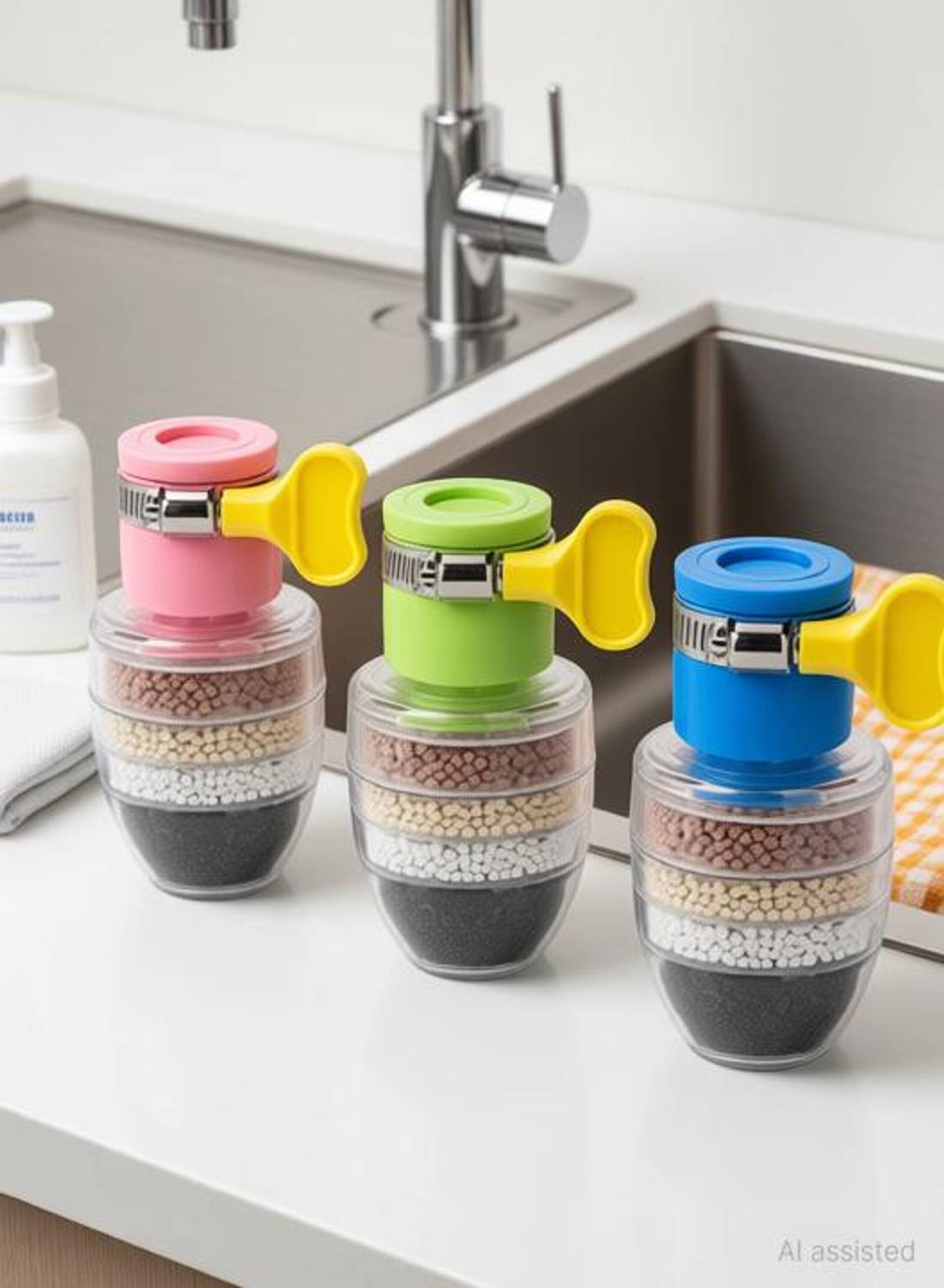 AKRIZA 3Pcs Six Layer Water Tap Filter - Filtration Activated Carbon Removes Chlorine Fluoride Heavy Metals Hard Water Softener for Home Kitchen Health  Faucet