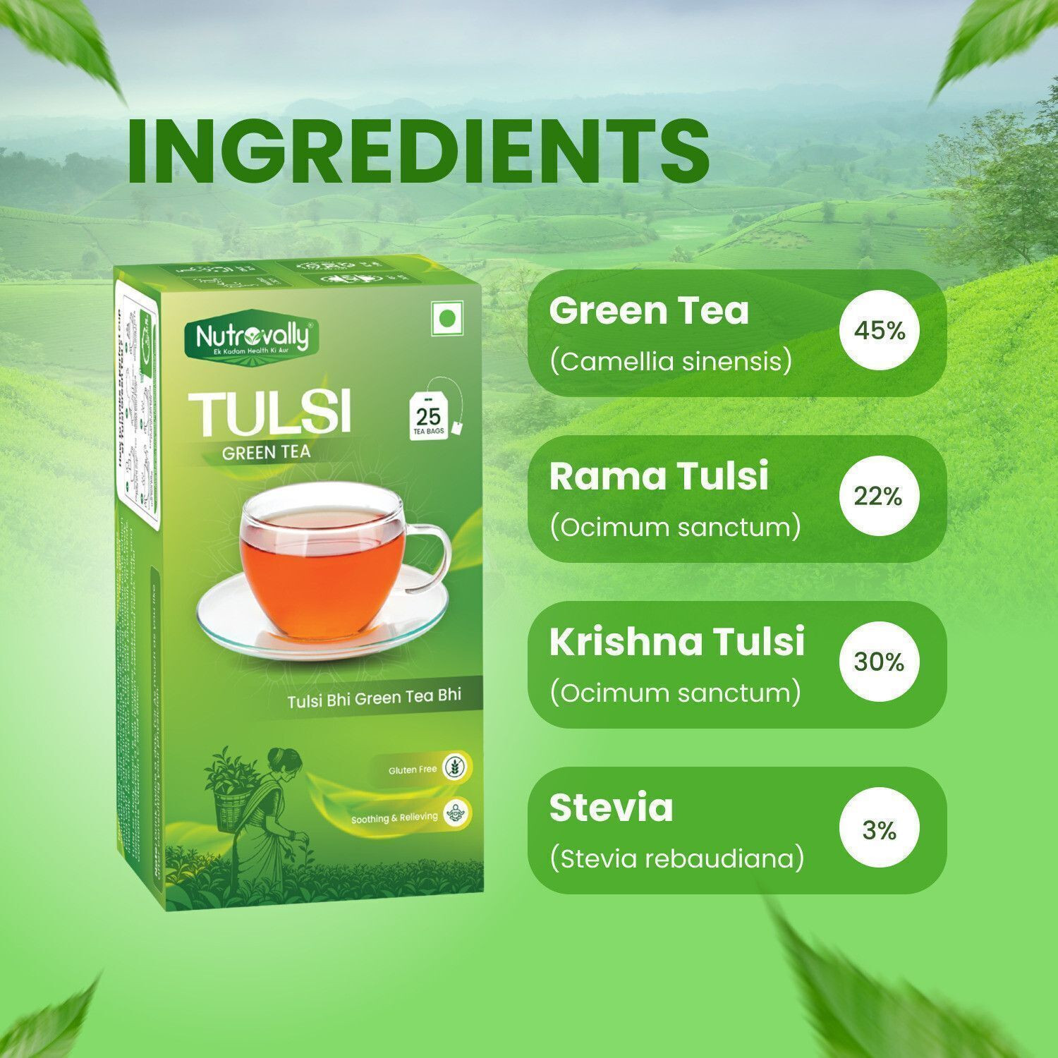 Image of NutroVally Green Tea Tulsi for Weight Loss | Immunity Booster Loaded with Anti-Oxidants Tulsi Green Tea Bags Box