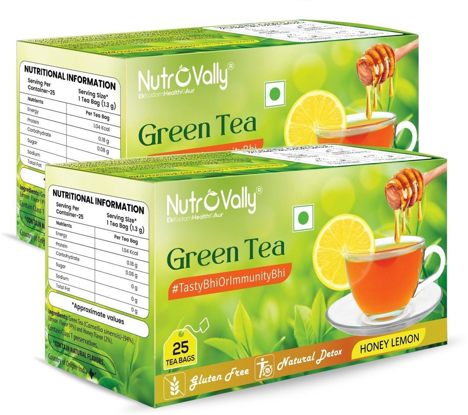 Image of NutroVally Honey Lemon Green Tea for Weight loss | Immunity Booster & Refreshing Honey, Lemon Green Tea Bags Box