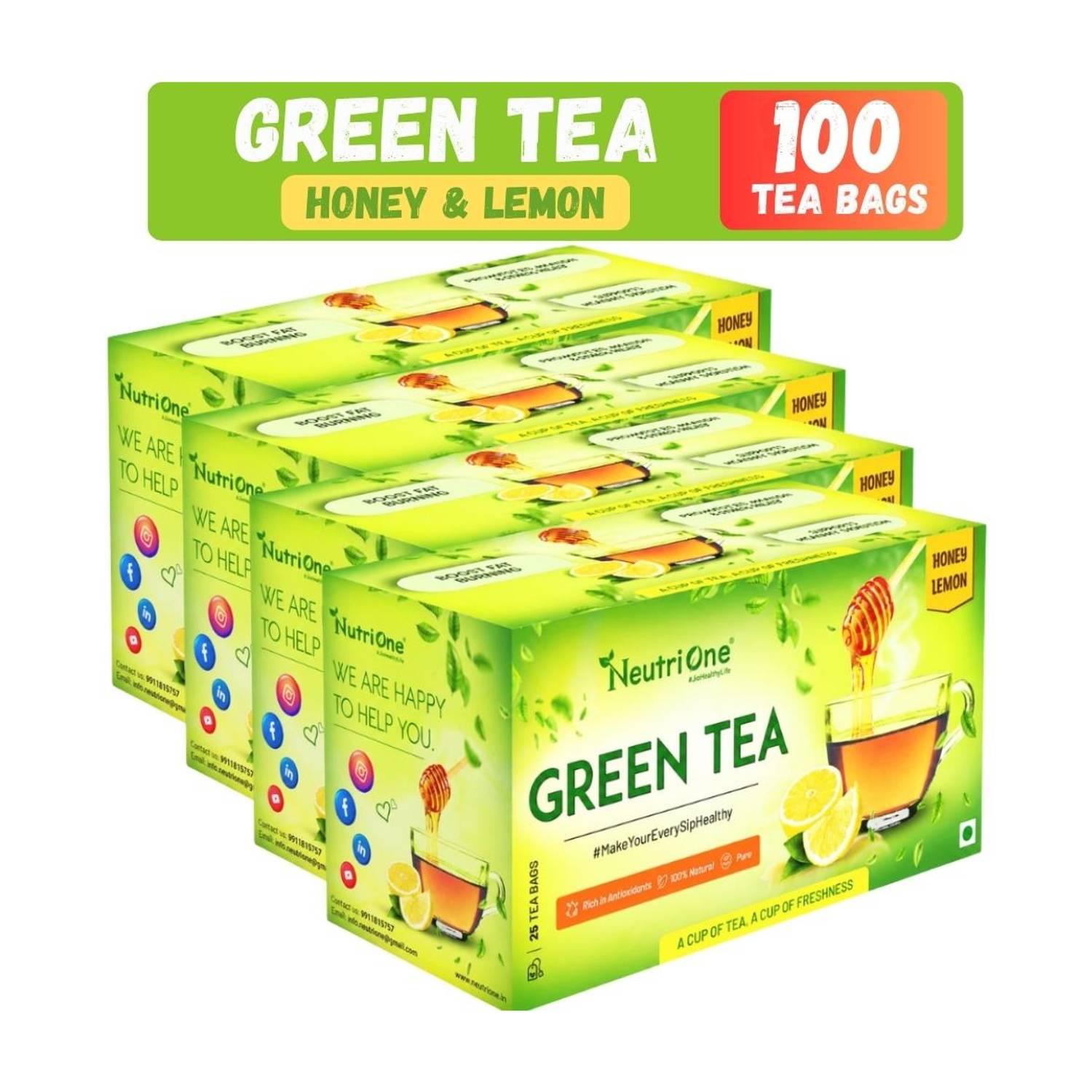 NeutriOne Honey Lemon for Weight Loss | Premium Green Tea Leaves |Vitamin C & Antioxidants Honey, Lemon Green Tea Bags Box