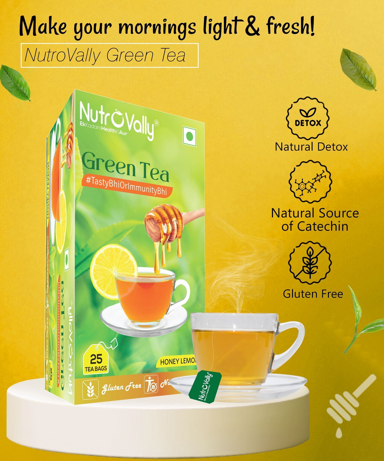Image of NutroVally Honey Lemon Green Tea for Weight loss | Immunity Booster & Refreshing Honey, Lemon Green Tea Bags Box