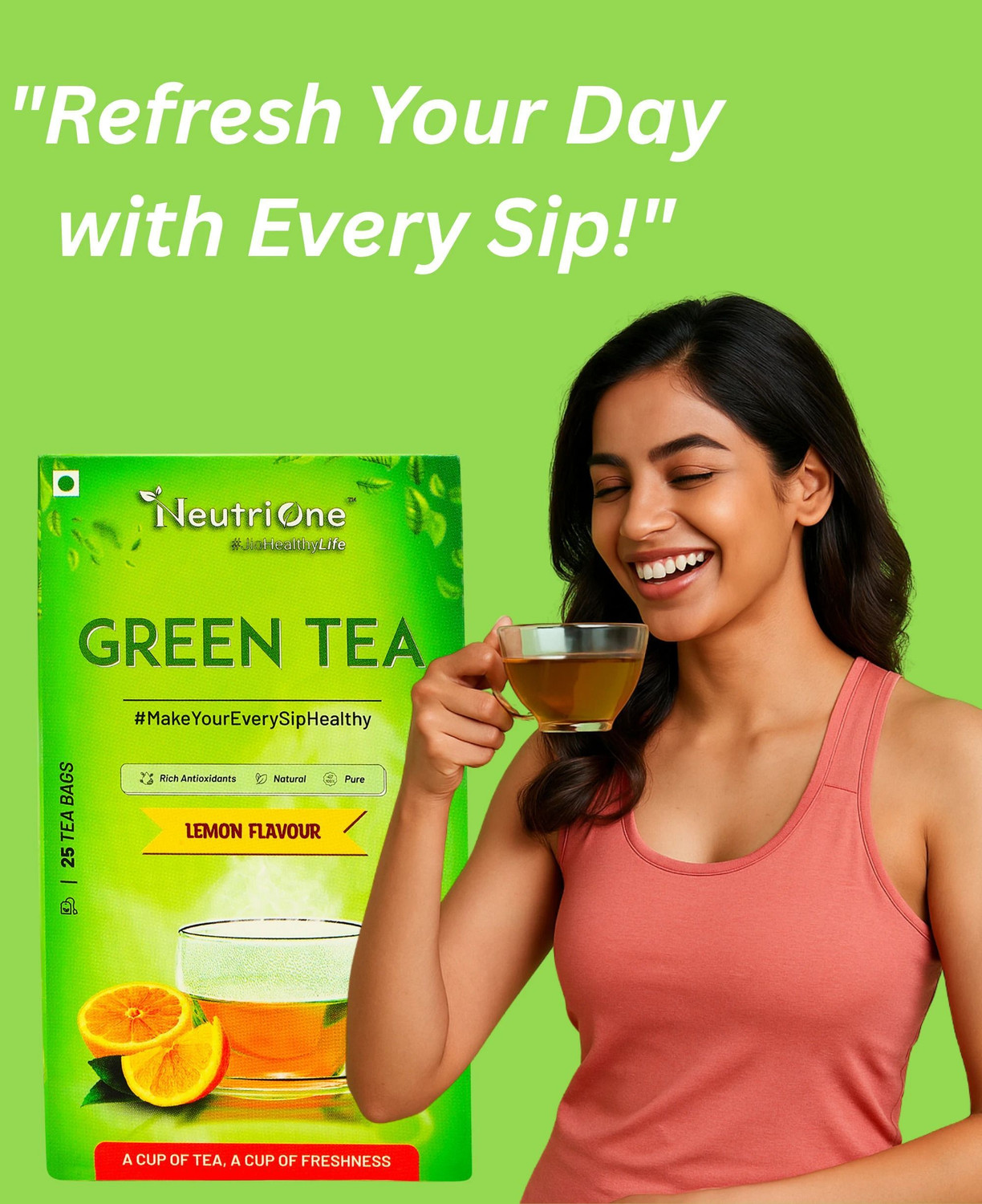 Image of NeutriOne Green Tea Lemon for Weight Loss & Boost Immunity| Vitamin C|Authentic Tea Leaves Lemon Green Tea Bags Box