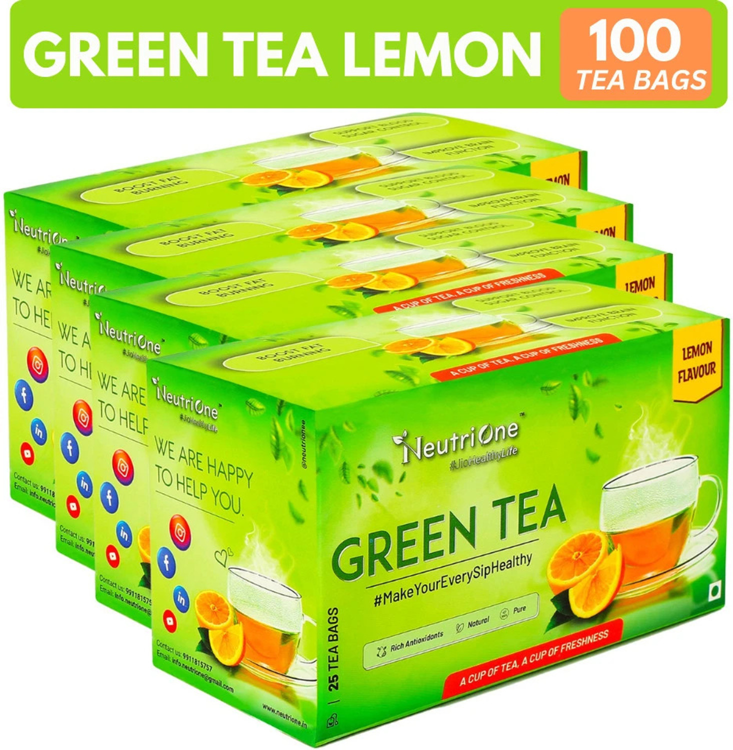 Image of NeutriOne Green Tea Lemon for Weight Loss & Boost Immunity| Vitamin C|Authentic Tea Leaves Lemon Green Tea Bags Box