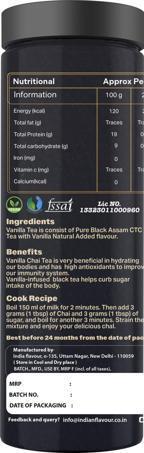 Image of India Flavour Vanilla Tea Powder Organic Tea Rich & Aromatic Blends with Vanilla Tea Vanilla Tea Plastic Bottle