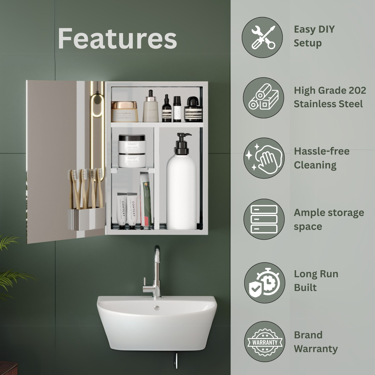 Image of GLOXY Multipurpose Mirror Cabinet for Bathroom |Stainless Steel Washbasin Organizer Stainless Steel Toothbrush Holder