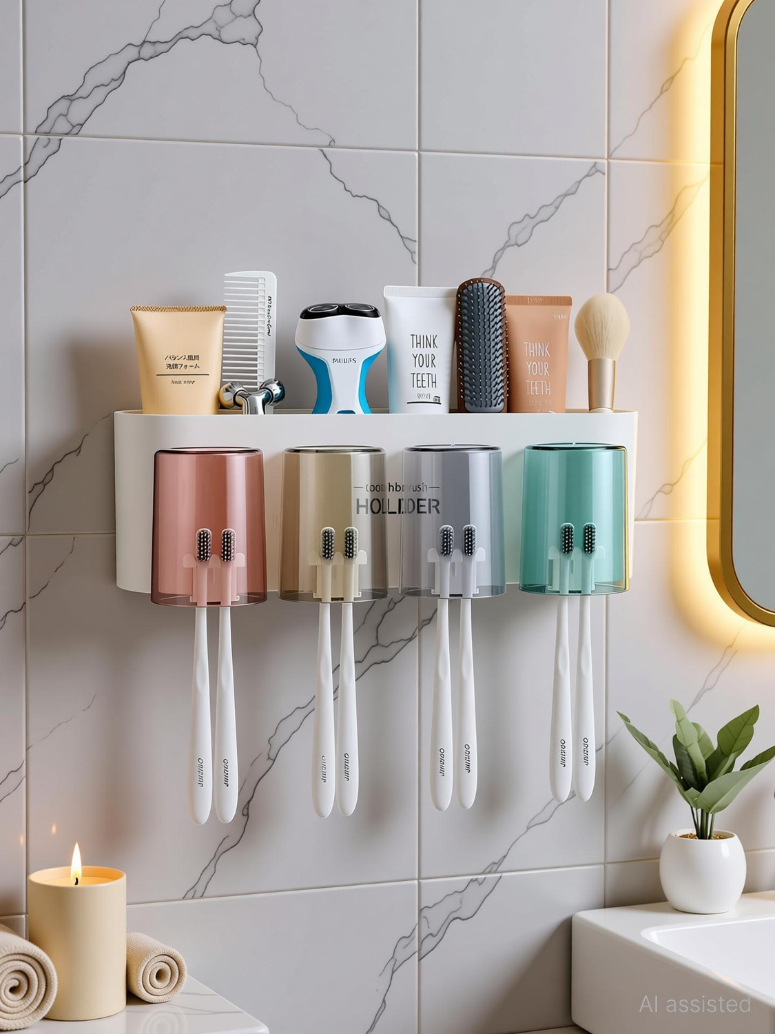 Image of FlatKitch Wall Mounted Toothbrush Holder Modern Plastic Storage Rack|Multi-Slot Organizer Plastic Toothbrush Holder