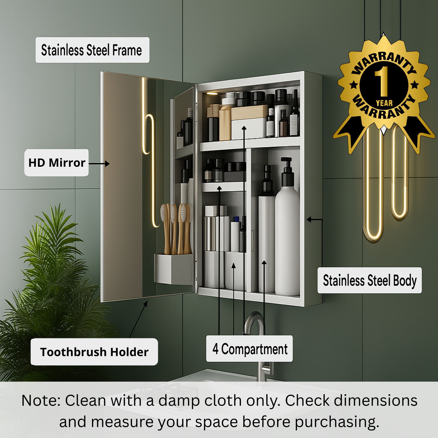 Image of GLOXY Multipurpose Mirror Cabinet for Bathroom |Stainless Steel Washbasin Organizer Stainless Steel Toothbrush Holder