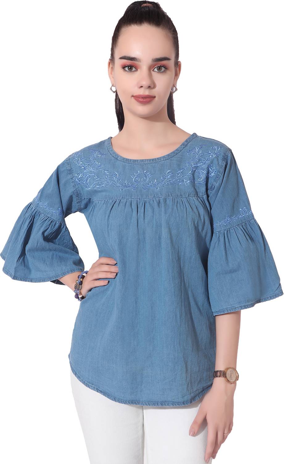CEFALU Casual 3/4 Sleeve Embroidered, Solid Women Blue Top