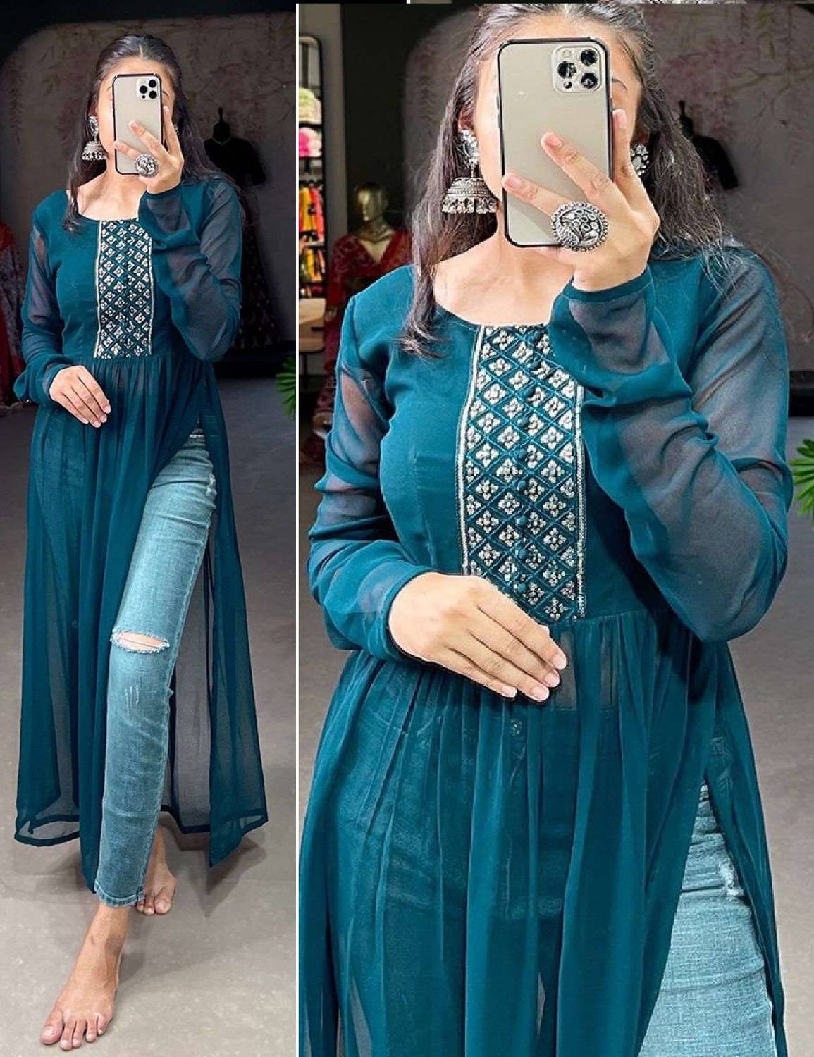 PuriMaa Women Embroidered Georgette Flared Kurta (Blue)