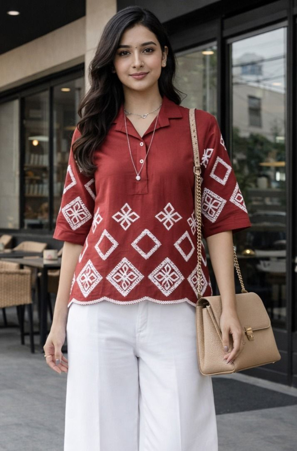 Image of SOLFY Casual Regular Sleeves Embroidered, Geometric Print Women Maroon Top