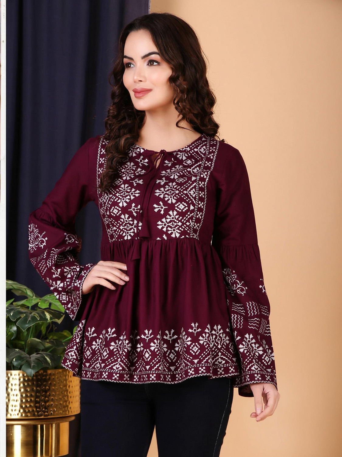 Image of Yuvanj Printed Viscose Rayon High Low Kurta for Women (Maroon)