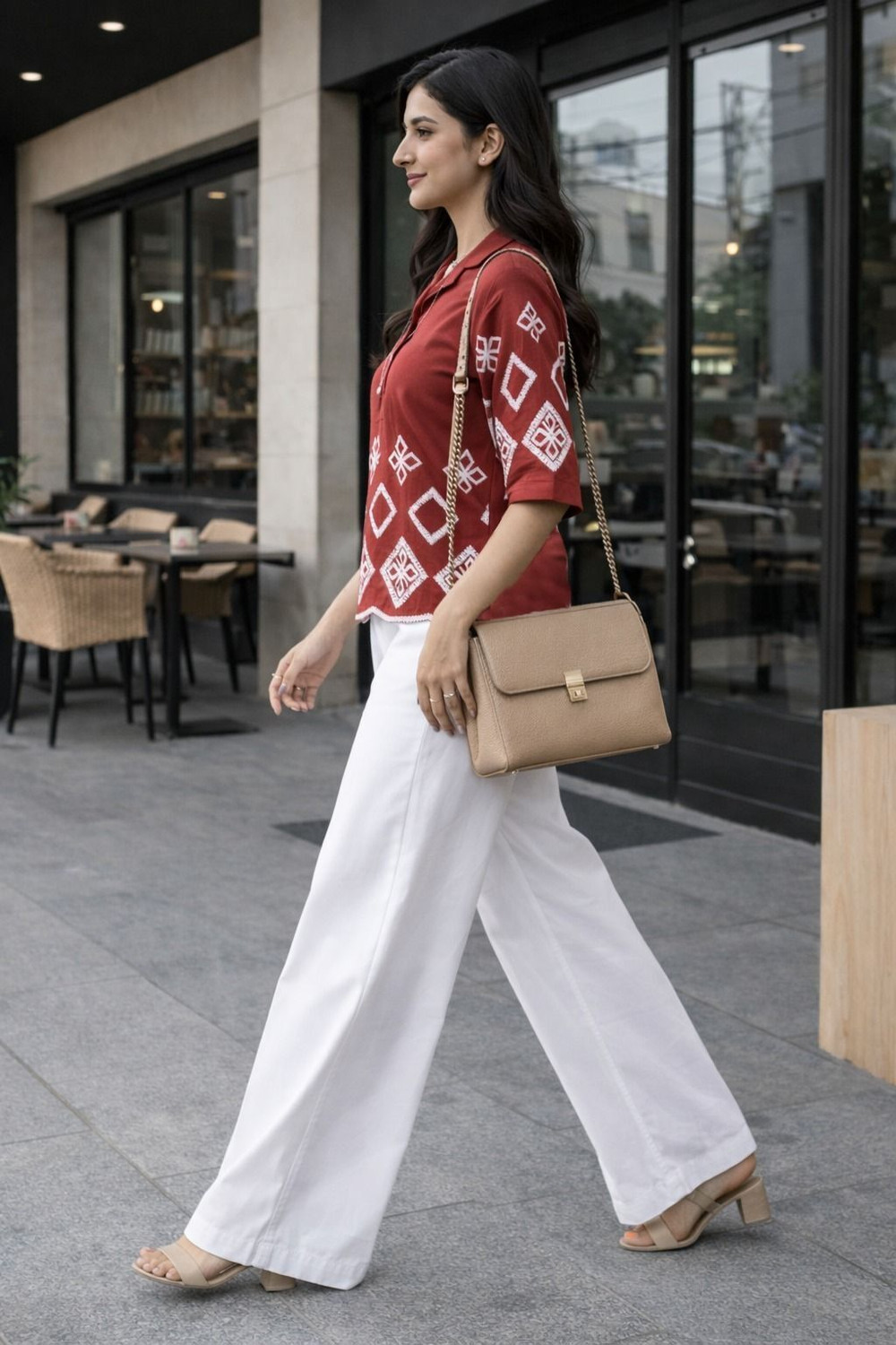 Image of SOLFY Casual Regular Sleeves Embroidered, Geometric Print Women Maroon Top