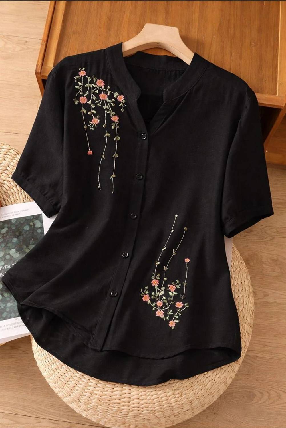 Sita Ramam Fashion Casual Short Sleeve Embroidered Women Black Top