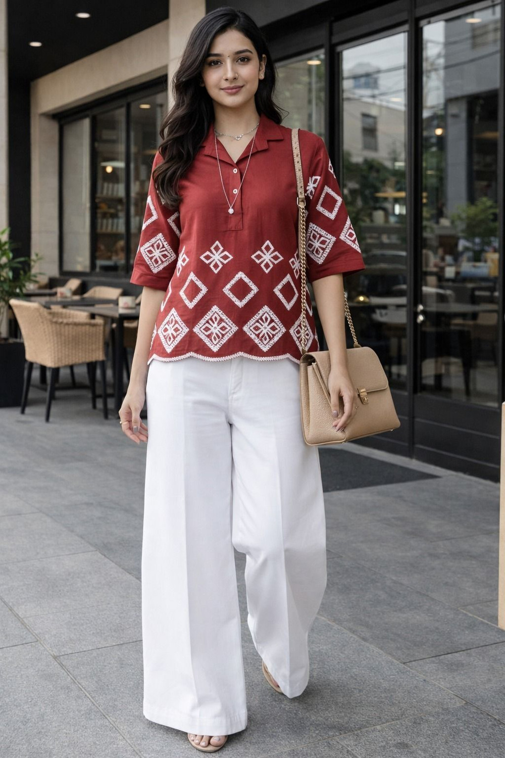 Image of SOLFY Casual Regular Sleeves Embroidered, Geometric Print Women Maroon Top