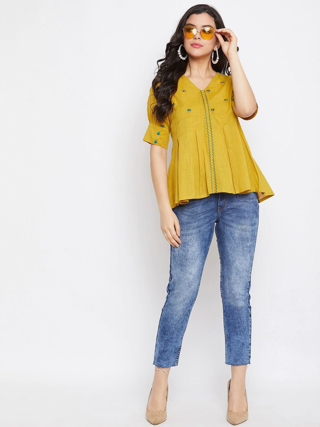 Image of WineRed Casual Embroidered Women Yellow Top