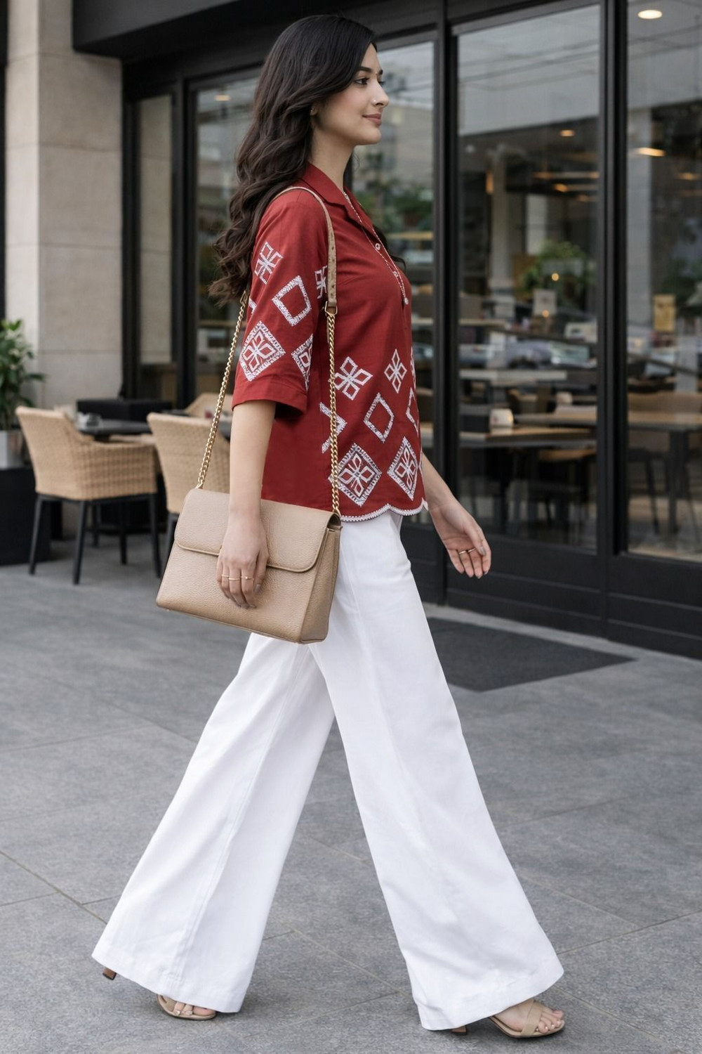 Image of SOLFY Casual Regular Sleeves Embroidered, Geometric Print Women Maroon Top