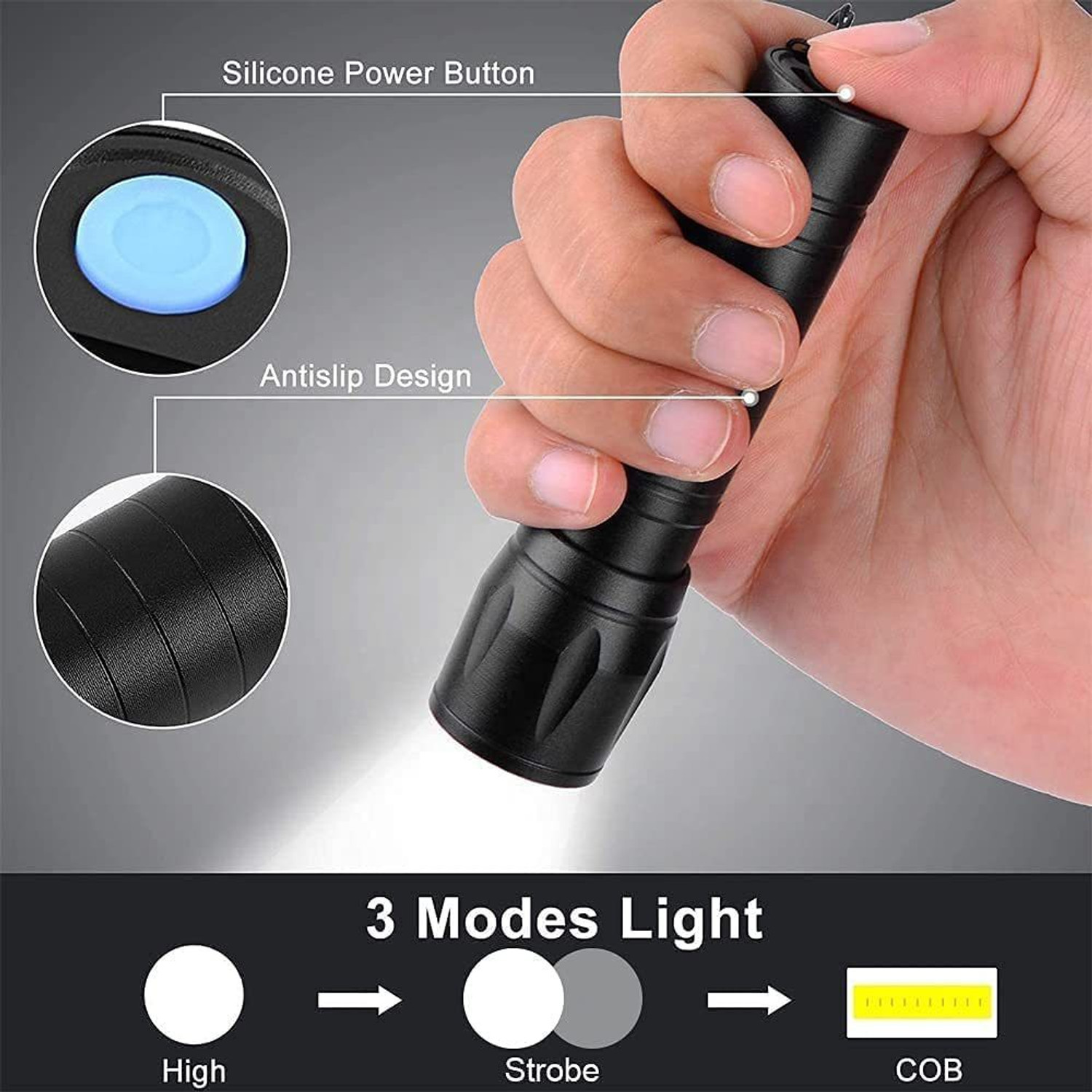 Image of HOJI LED Flashlight Mini Portable LED Flashlight USB Rechargeable 3 Modes Torch (Black, 10 cm, Rechargeable)