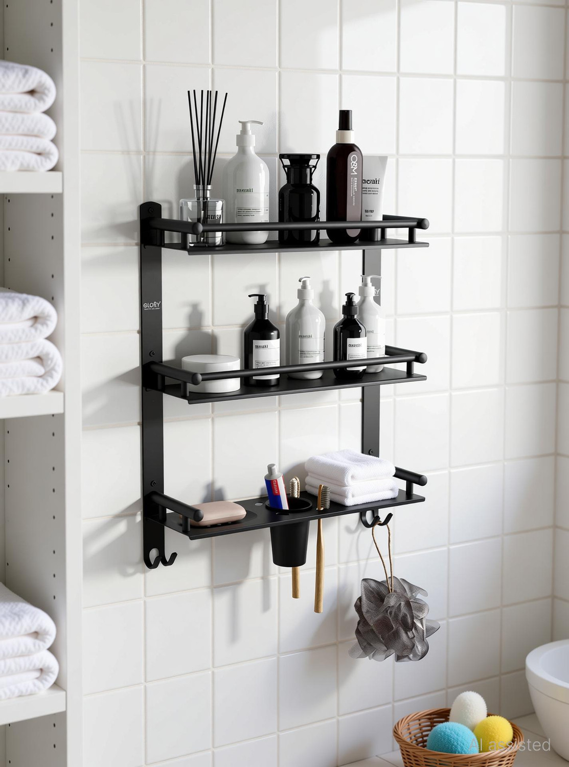 GLOXY by GLOXY 3 Layer Multipurpose Shelf with Double Soap Dish & Toothbrush/toothpaste holder Black Towel Holder