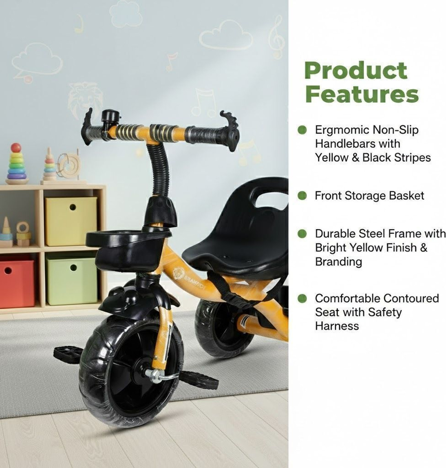 Image of BRAVETOT Kids Tricycle with Back Basket & Safety Belt for Toddlers YELLOW BASKET MODEL 03 Tricycle