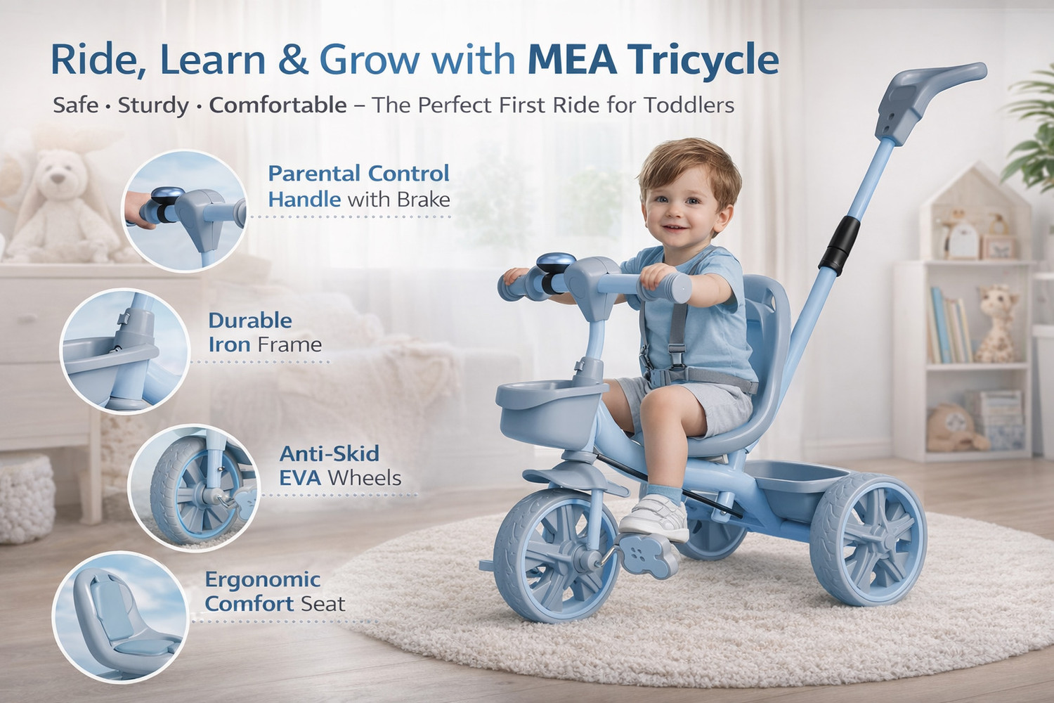 Image of mea mehar electric appliances Tricycle with Parental Control,Seat Belt,EVA Wheels,Bell & Storage Basket Trike MEA-BRTCB Tricycle