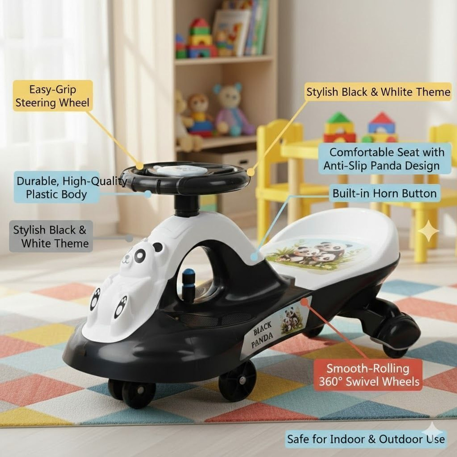 Image of BRAVETOT Kids Panda Swing Magic Car Ride-On Toy pandacar Tricycle
