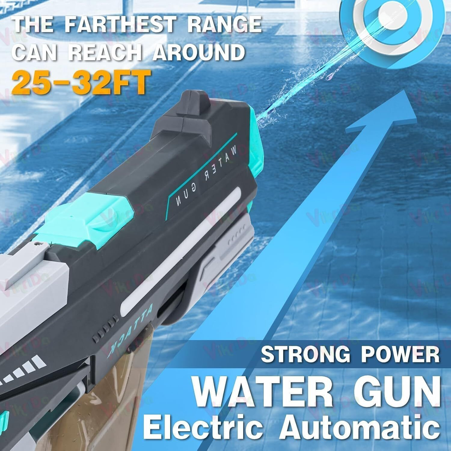 Image of VikriDa 2-in-1 Electric Water Gun for Holi Manual & Auto Mode, Lights, 32 Ft Range Water Gun