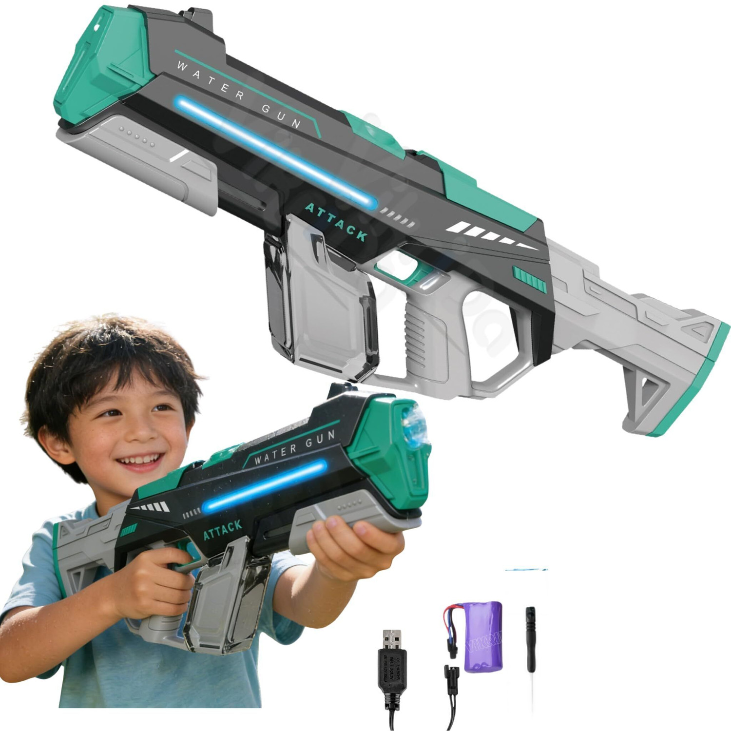 Image of VikriDa 2-in-1 Electric Water Gun for Holi Manual & Auto Mode, Lights, 32 Ft Range Water Gun
