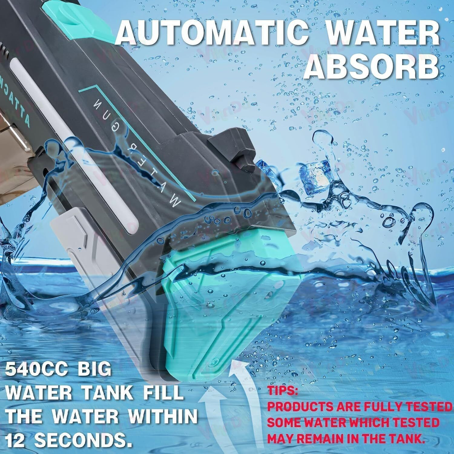 Image of VikriDa 2-in-1 Electric Water Gun for Holi Manual & Auto Mode, Lights, 32 Ft Range Water Gun