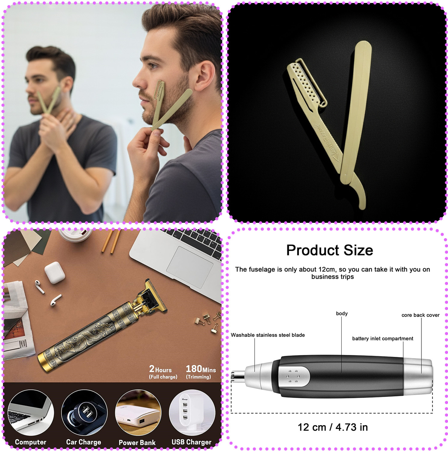 Image of Virth Men's 5 IN1 Stylish Ear Cleaning Kit ,Straight Razor, Nose Scissor, Beard & Nose Trimmer 120 min Runtime 0 Length Settings