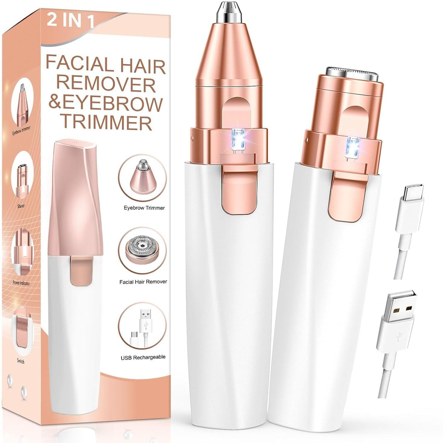 Image of Yiveko 2-in-1 Facial Hair Remover & Eyebrow Trimmer for Women | USB Rechargeable Painless Face Hair Removal Device | Eyebrow Shaper, Upper Lip, Chin & Peach Fuzz Remover with LED Light (Rose Gold) Cordless Epilator