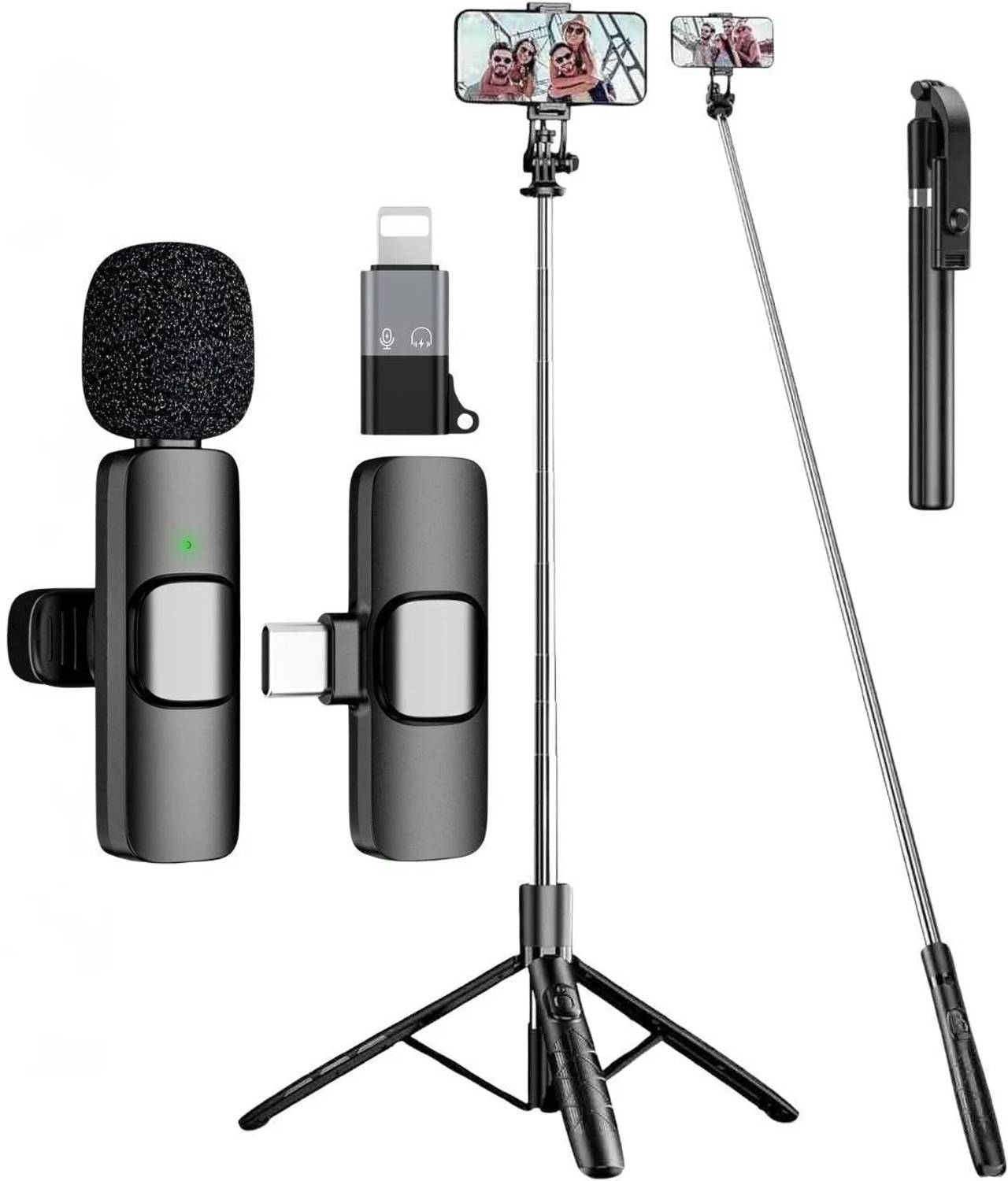 GADGETSWEAR (Combo with Wireless Mic) Selfie Stick with Tripod, 360 Degree Rotating Tripod Kit