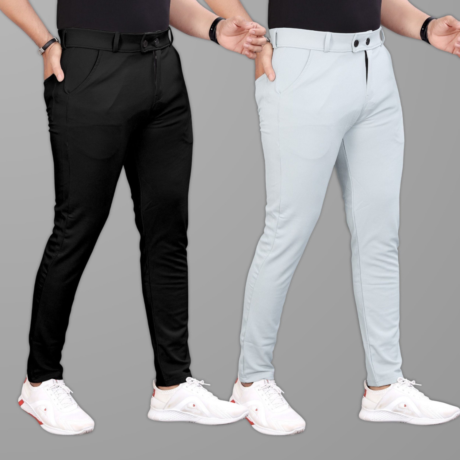 Image of COMBRAIDED Slim Fit Men Black, Light Blue Trousers
