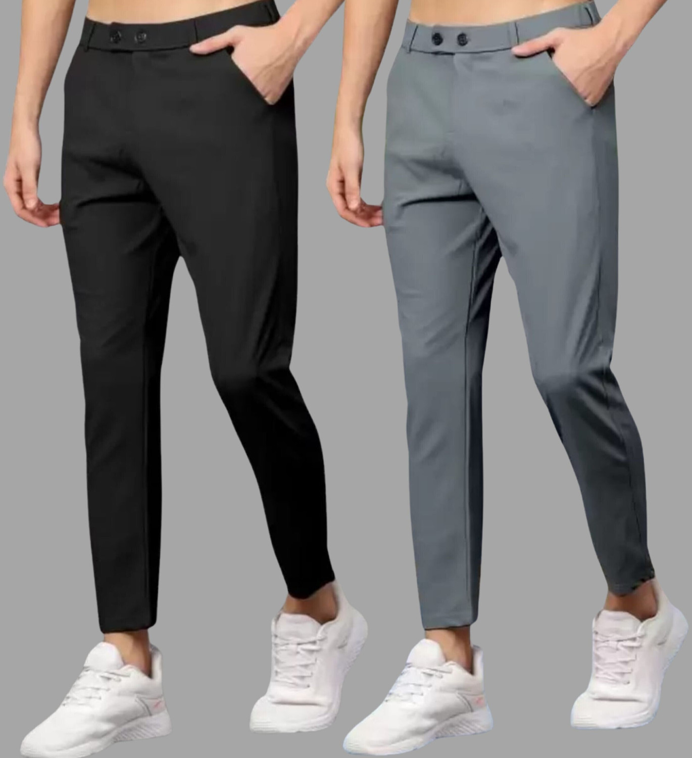 Image of Apmtraders Pack of 2 Men Slim Fit Black, Grey Lycra Blend Trousers